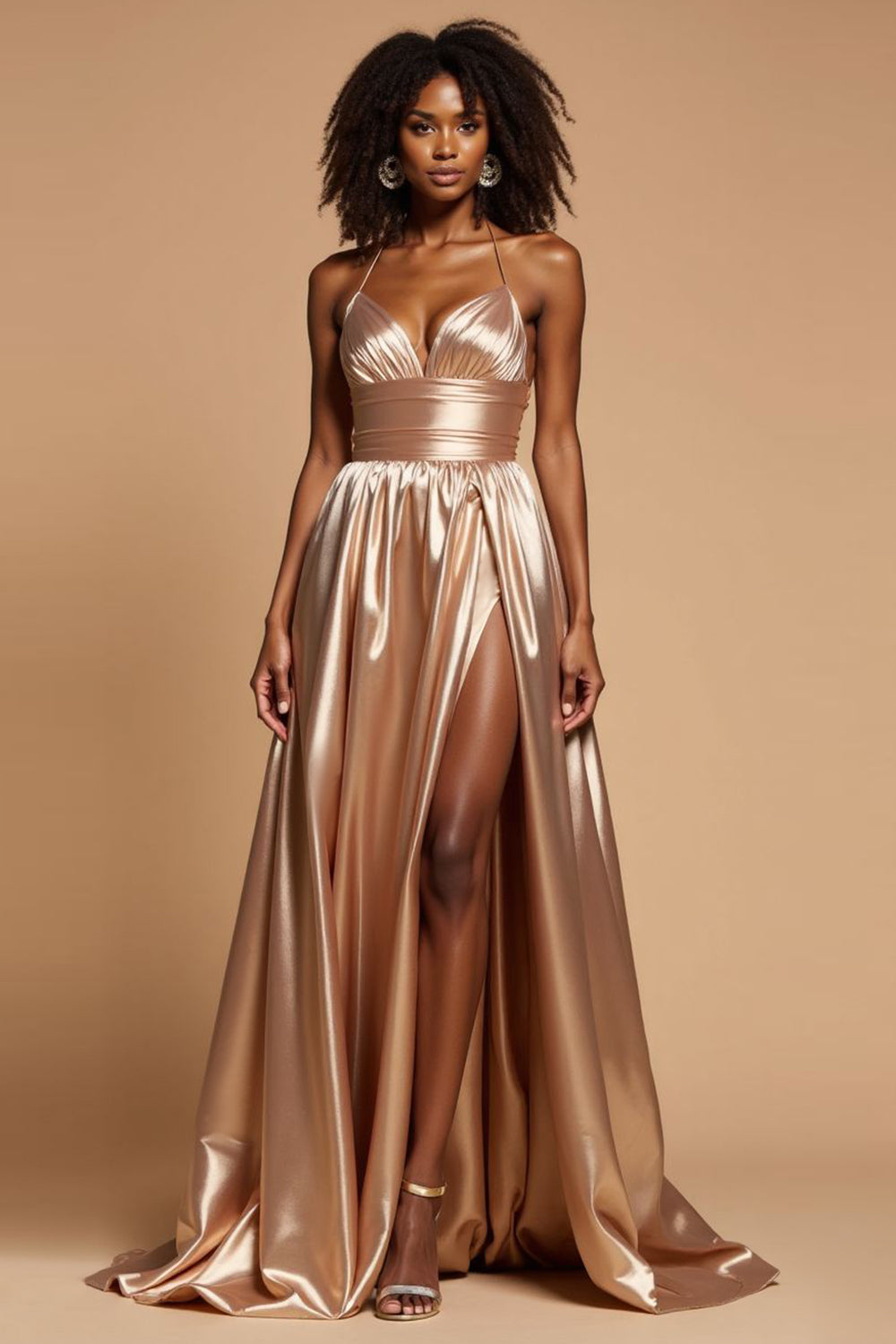 Golden A Line V-Neck Long Satin Prom Dress with Slit