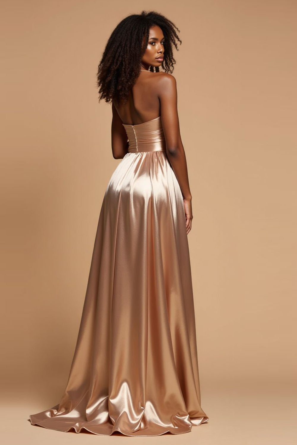 Golden A Line V-Neck Long Satin Prom Dress with Slit