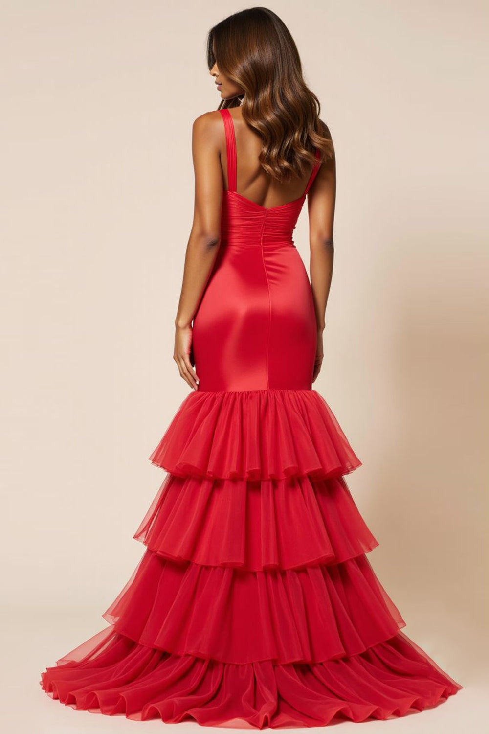 Red Sheath Tulle Tiered V-Neck Long Prom Dress with Slit