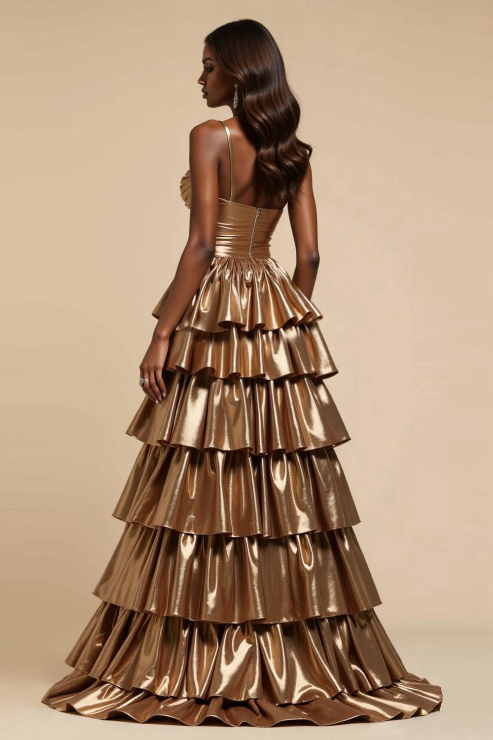Metallic Golden A Line Satin Tiered Long Prom Dress with Slit