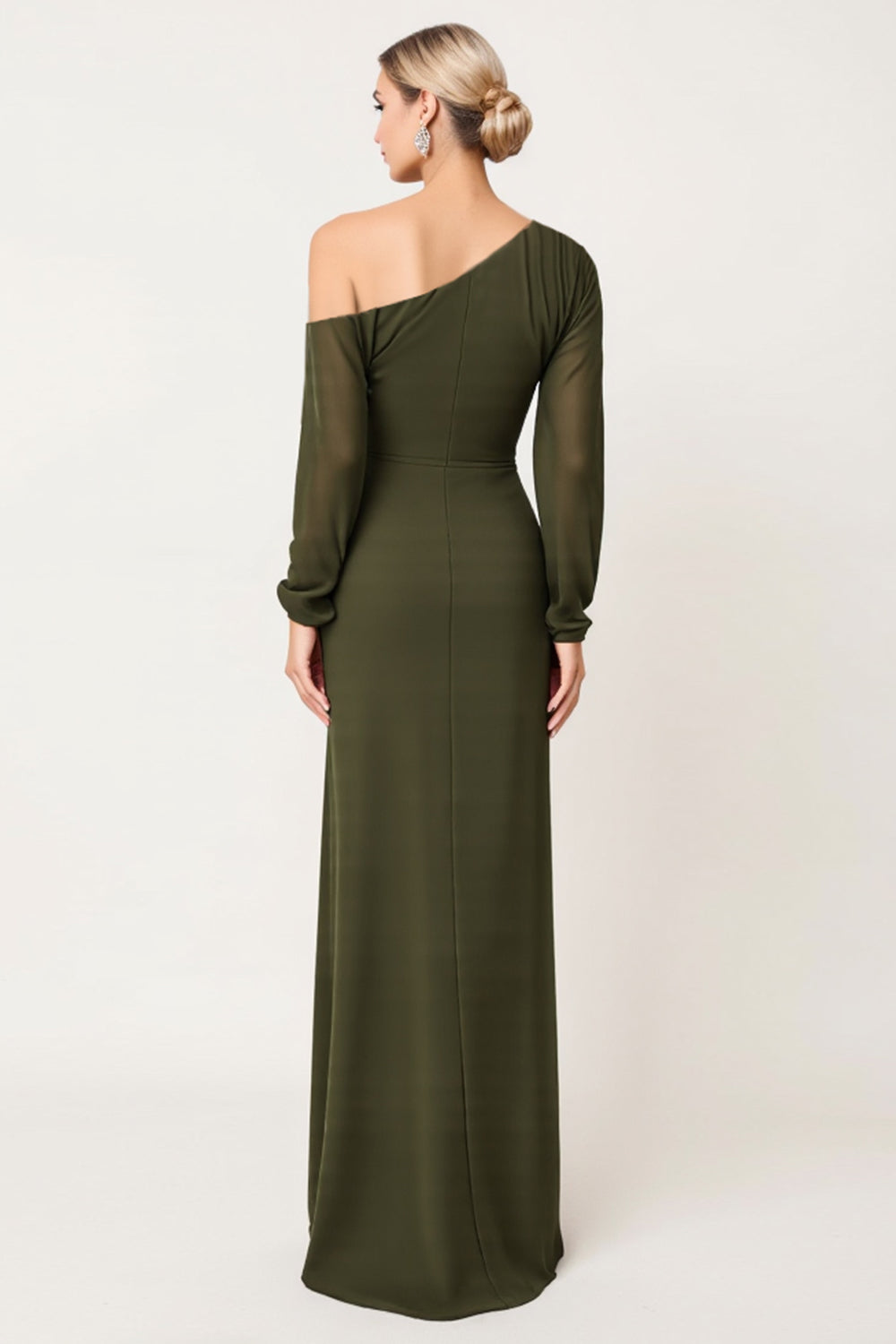 Olive Sheath Chiffon One Shoulder Long Sleeves Maxi Bridesmaid Dress
