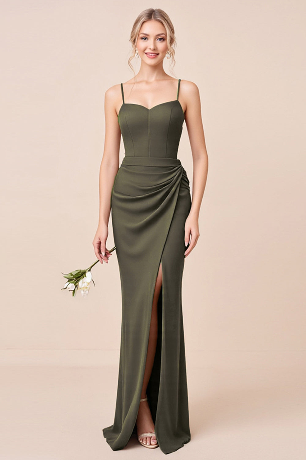 Olive Sheath Spaghetti Straps Long Bridesmaid Dress with Slit