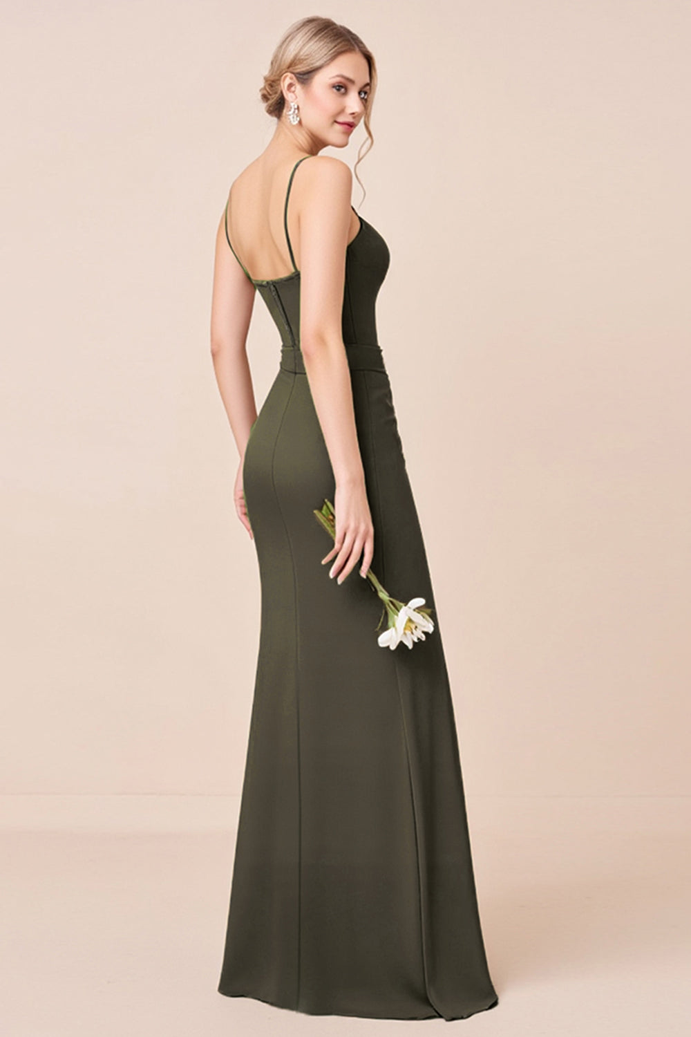 Olive Sheath Spaghetti Straps Long Bridesmaid Dress with Slit