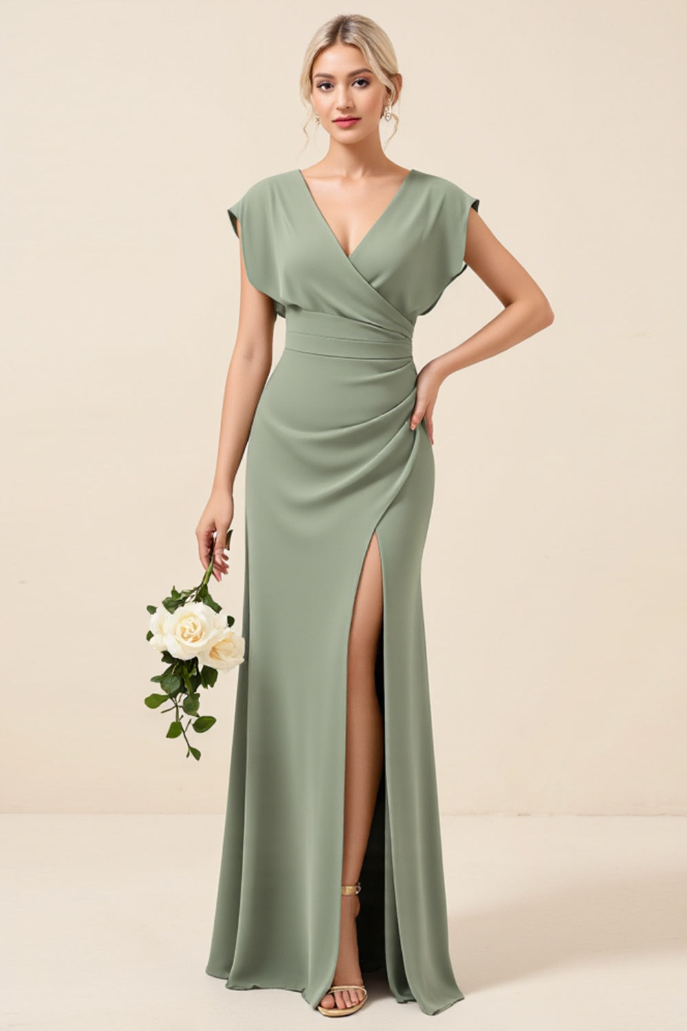 Sheath Chiffon Eucalyptus V-Neck Long Bridesmaid Dress with Slit