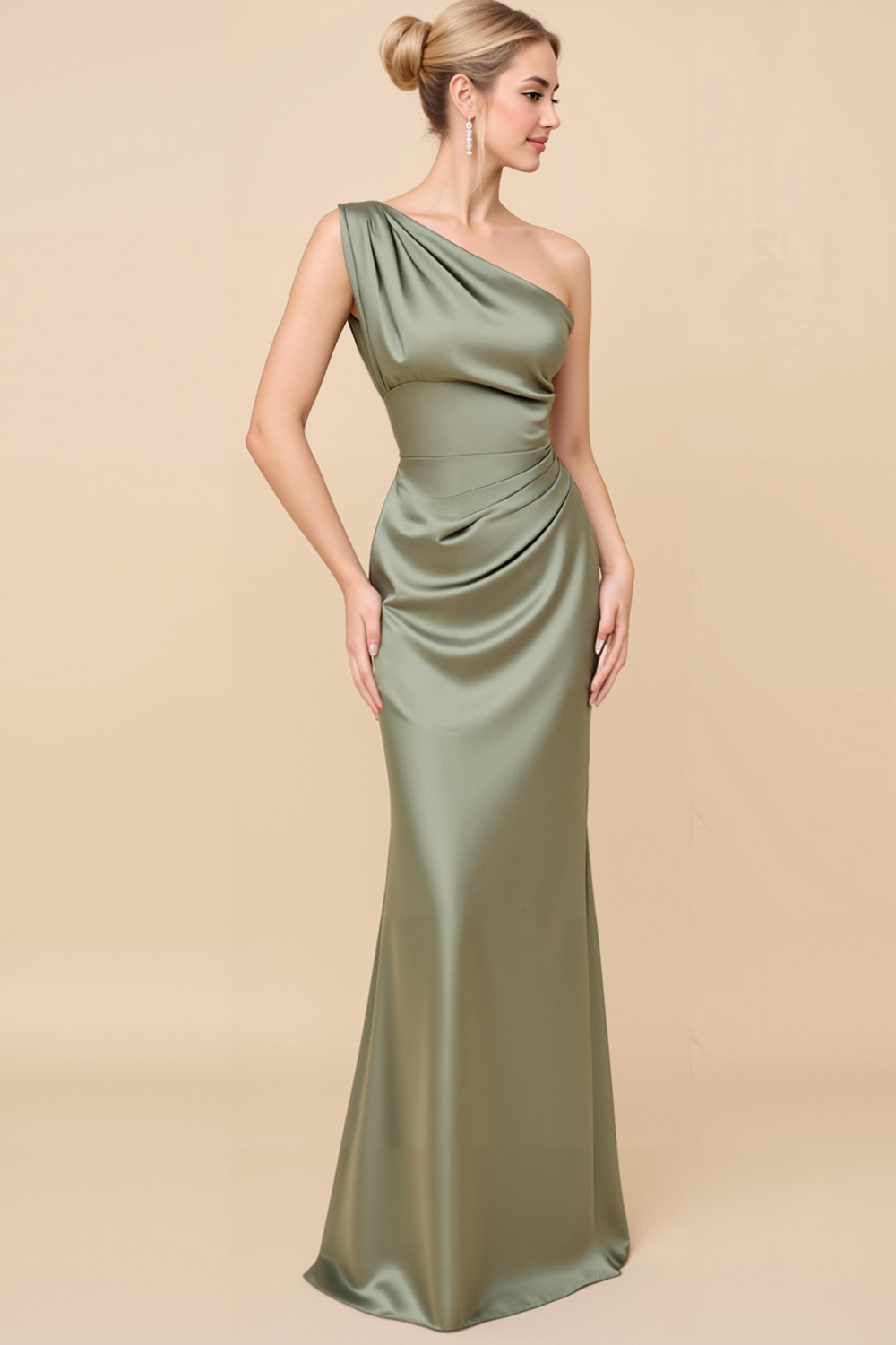 Leely Women Eucalyptus Sheath Satin Maxi Bridesmaid Dress One Shoulder Long Stunning Wedding Guest Dress