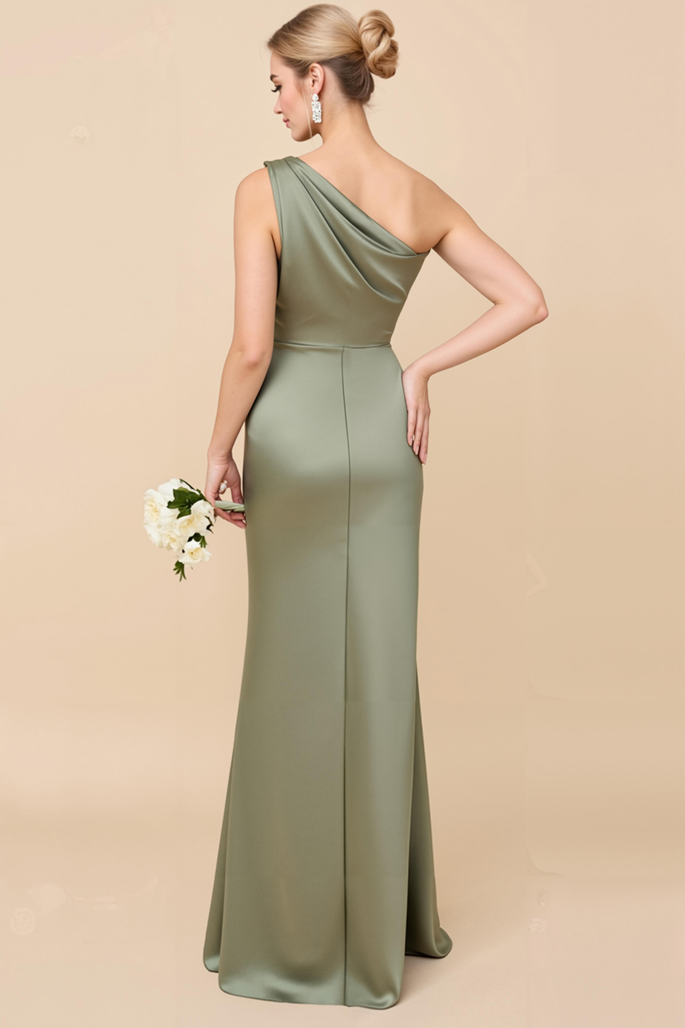 Eucalyptus Sheath Satin One Shoulder Long Bridesmaid Dress