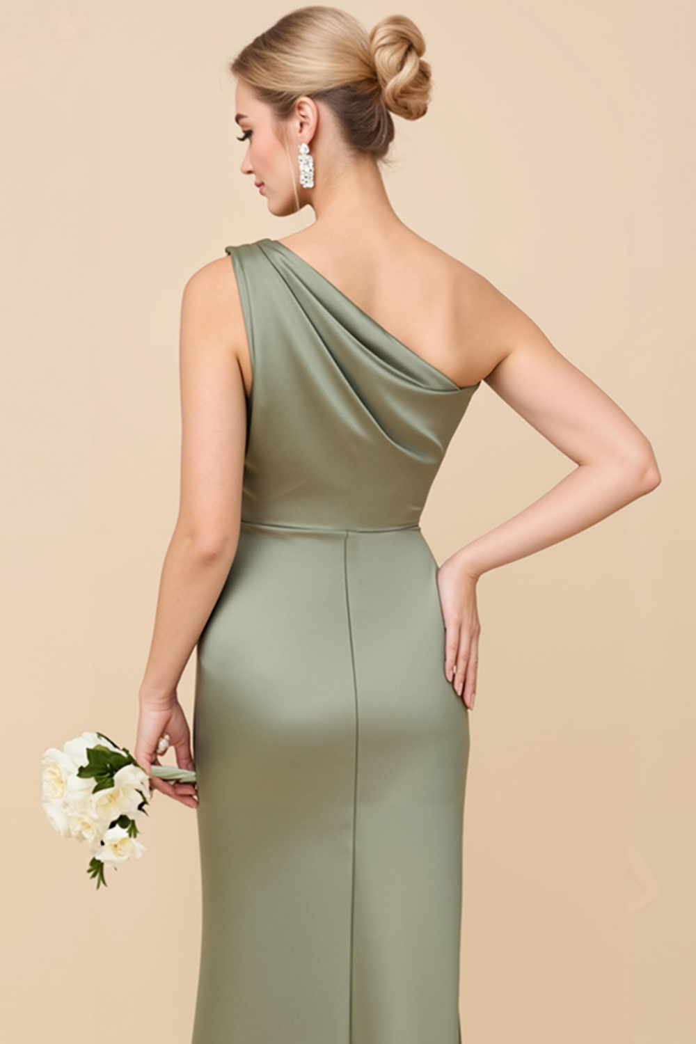 Eucalyptus Sheath Satin One Shoulder Long Bridesmaid Dress