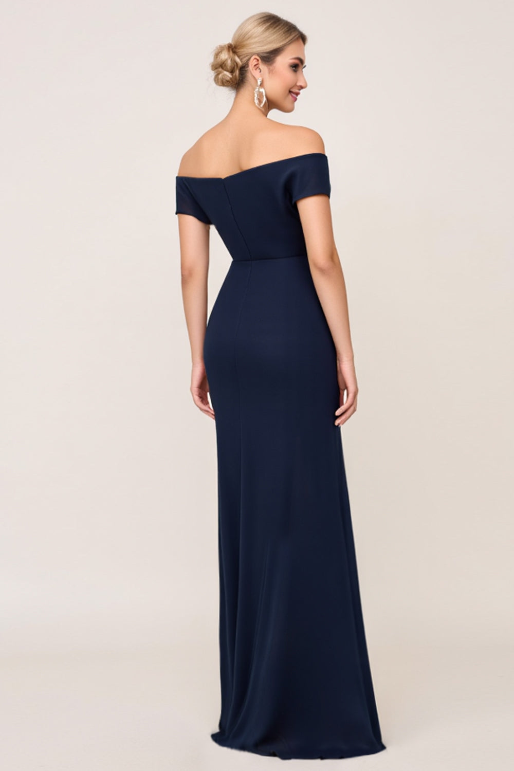 Navy Sheath Chiffon Ruched Long Bridesmaid Dress with Slit