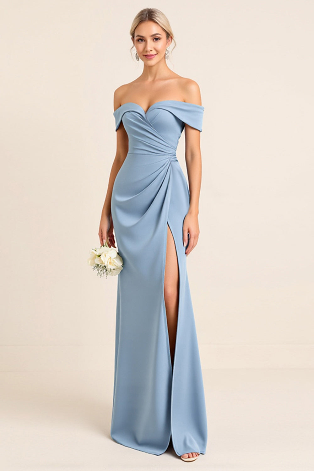 Sheath Satin Dusty Blue Off the Shoulder Maxi Bridesmaid Dress with Slit