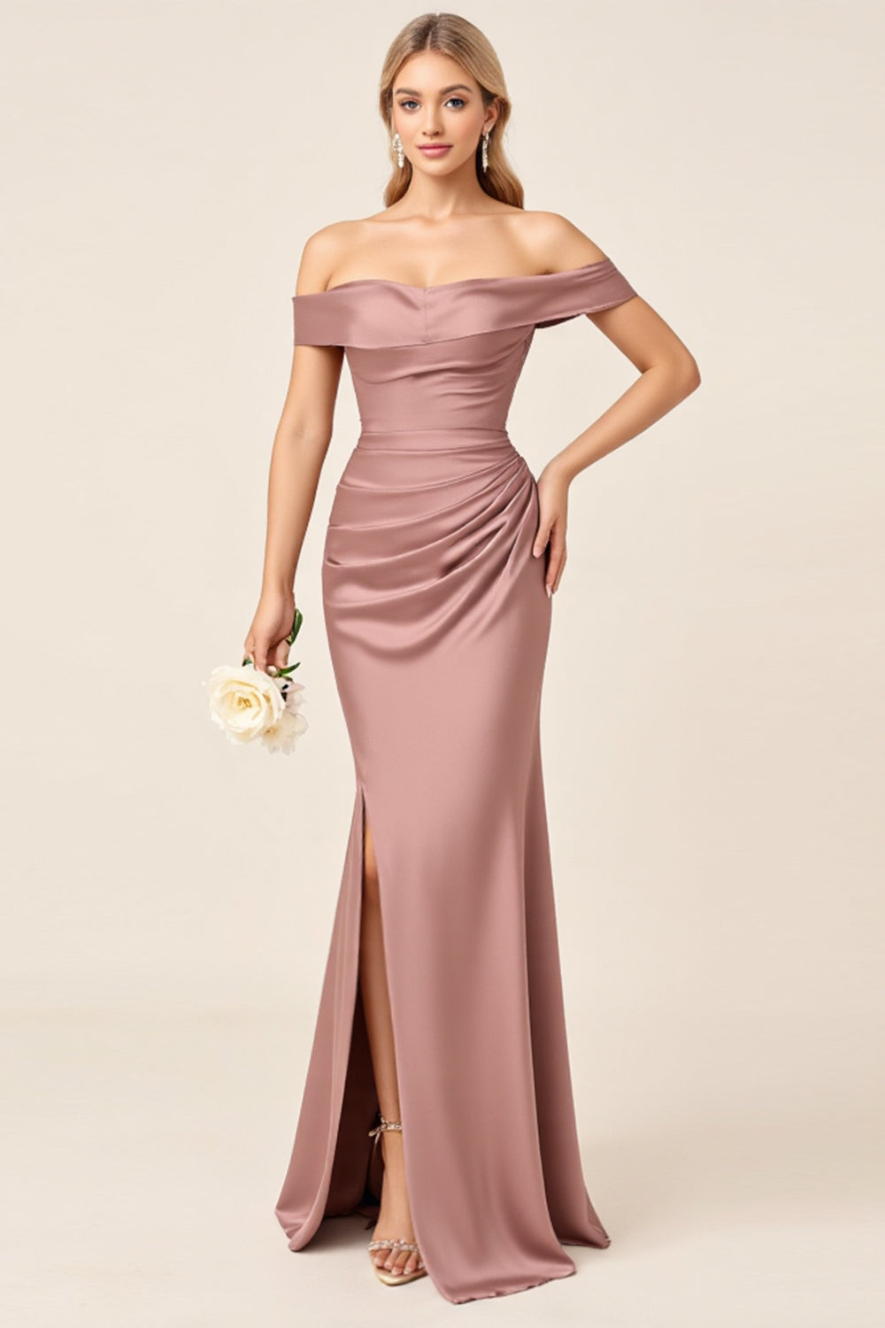 Dusty Rose Sheath Satin Maxi Bridesmaid Dress with Slit