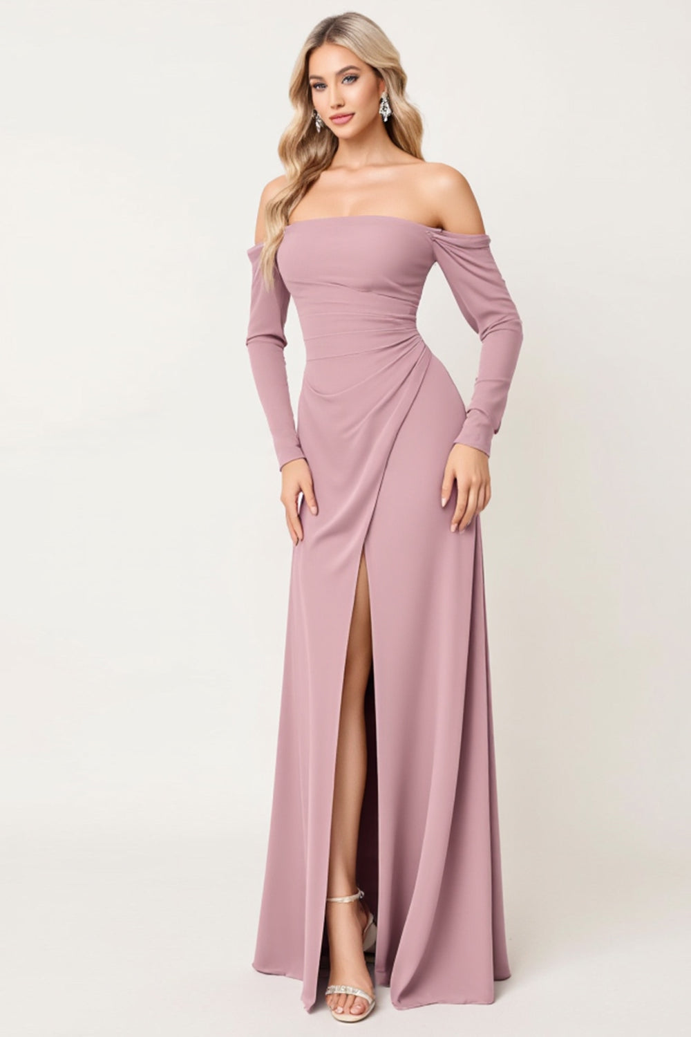 Leely Women Dusty Rose Sheath Chiffon Maxi Bridesmaid Dress Long Sleeves Strapless Off the Shoulder Wedding Guest Dress