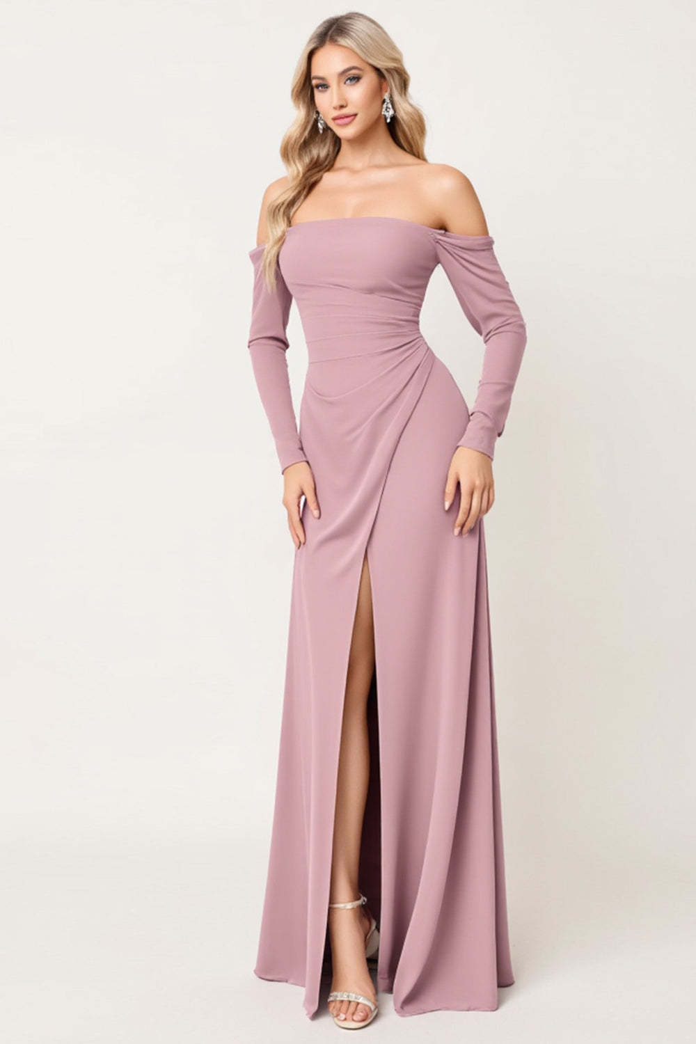 Leely Women Dusty Rose Sheath Chiffon Maxi Bridesmaid Dress Long Sleeves Strapless Off the Shoulder Wedding Guest Dress