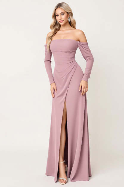 Leely Women Dusty Rose Sheath Chiffon Maxi Bridesmaid Dress Long Sleeves Strapless Off the Shoulder Wedding Guest Dress