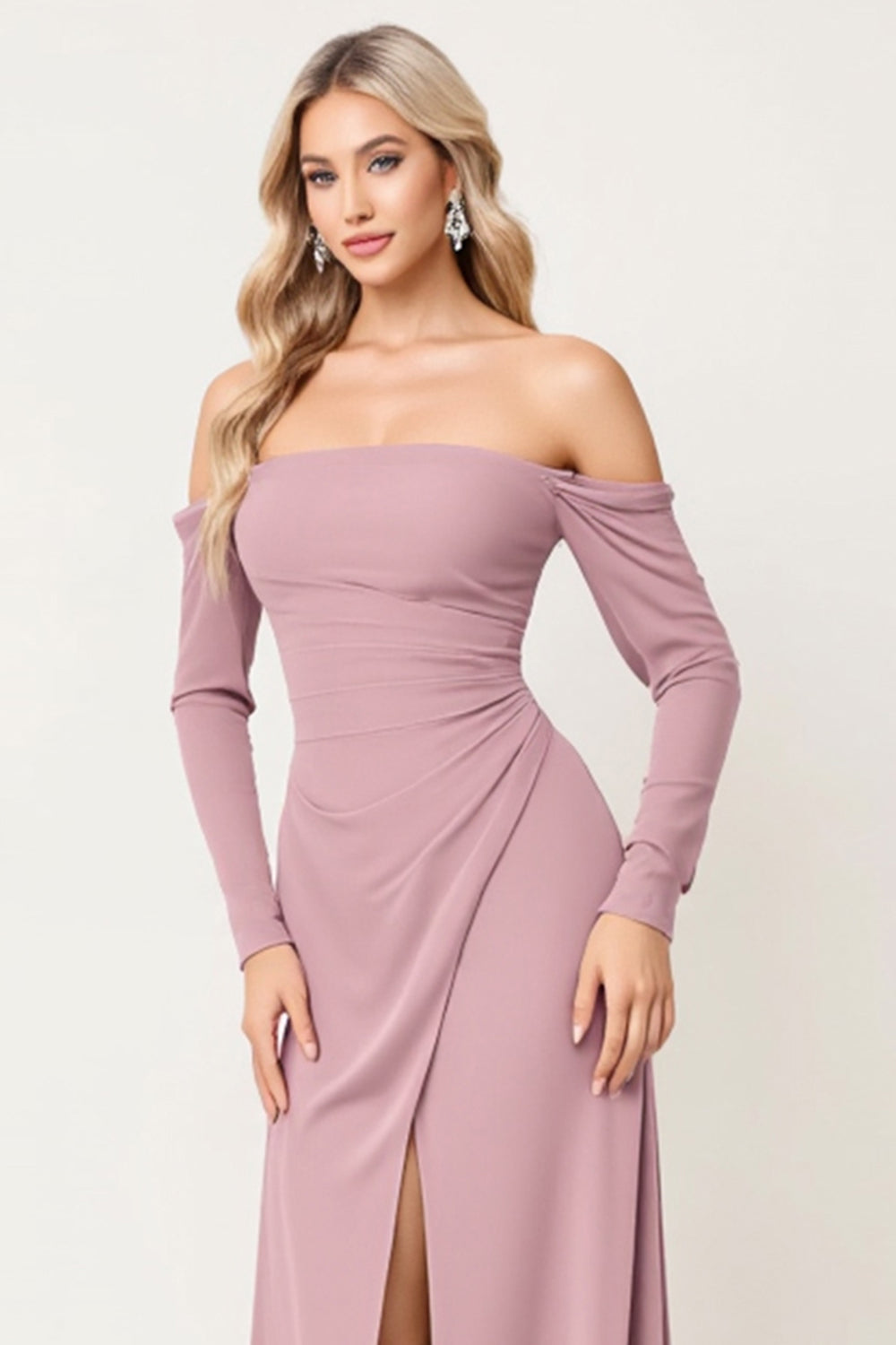 Dusty Rose Long Sleeves Sheath Chiffon Bridesmaid Dress with Slit