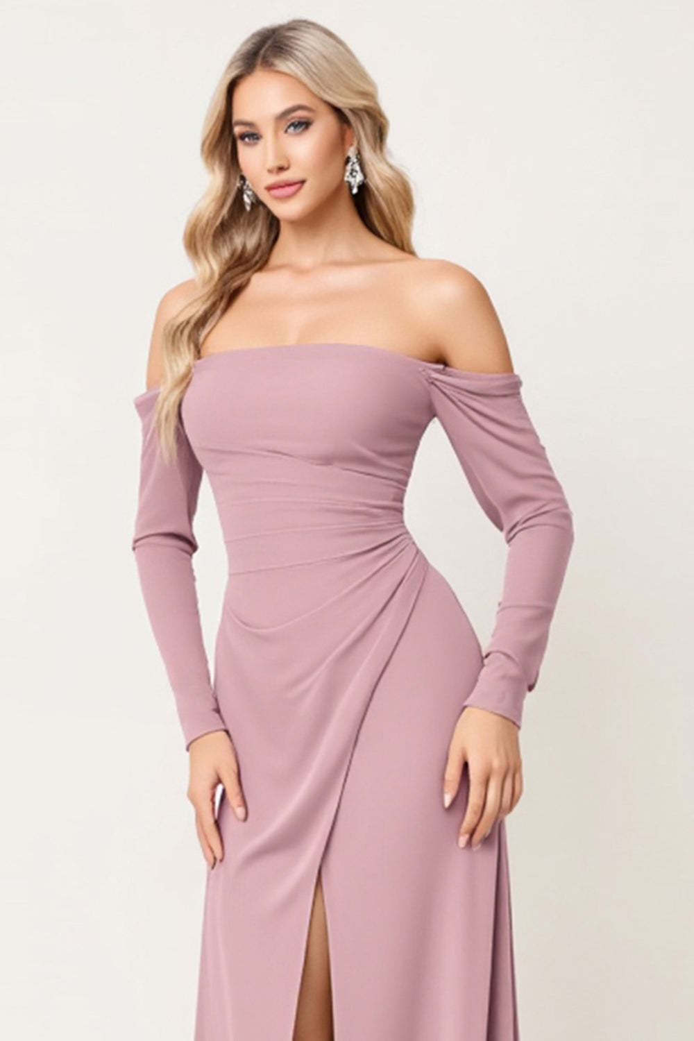 Dusty Rose Long Sleeves Sheath Chiffon Bridesmaid Dress with Slit