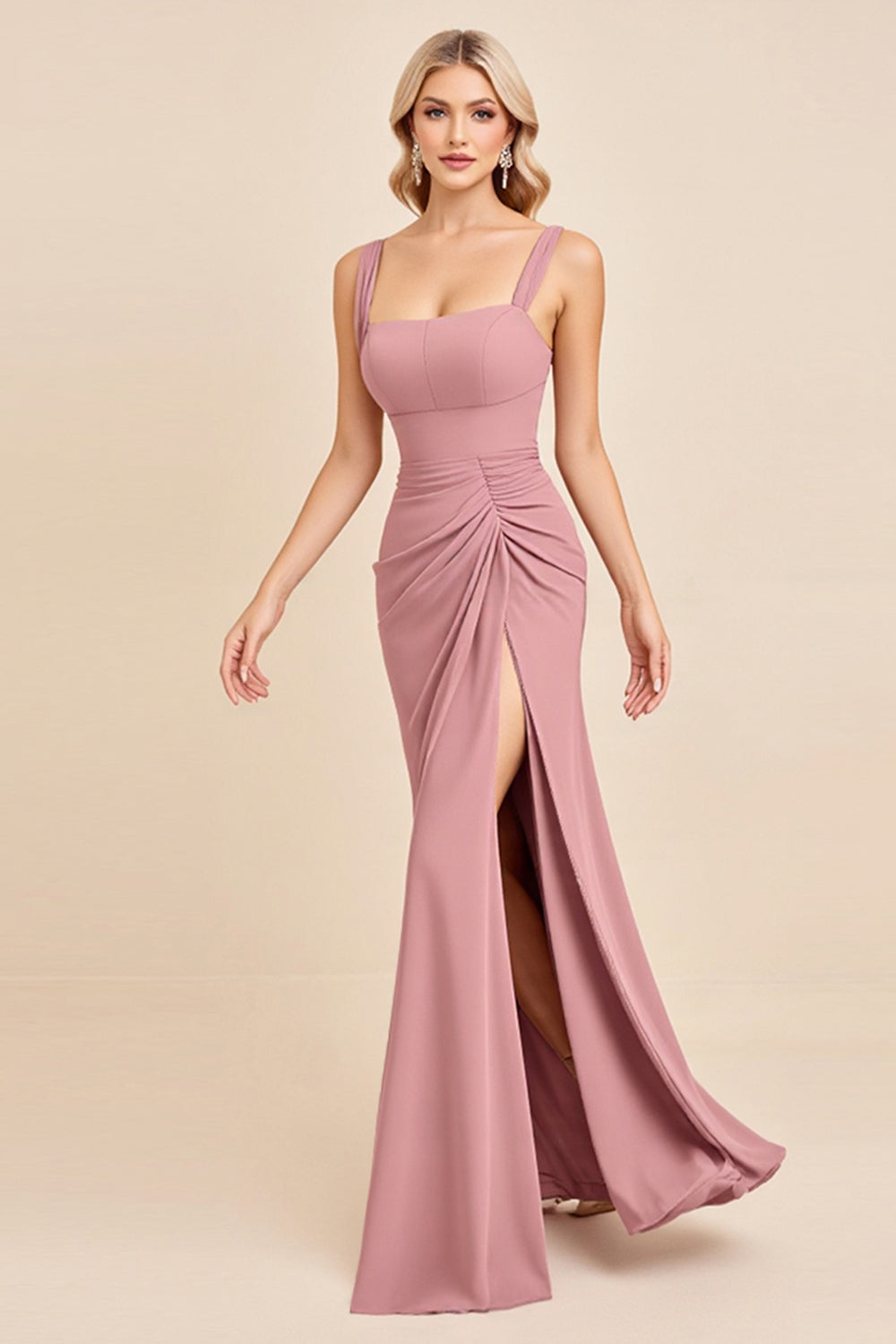 Blush Pink Sheath Satin Square Neck Maxi Bridesmaid Dress with Slit