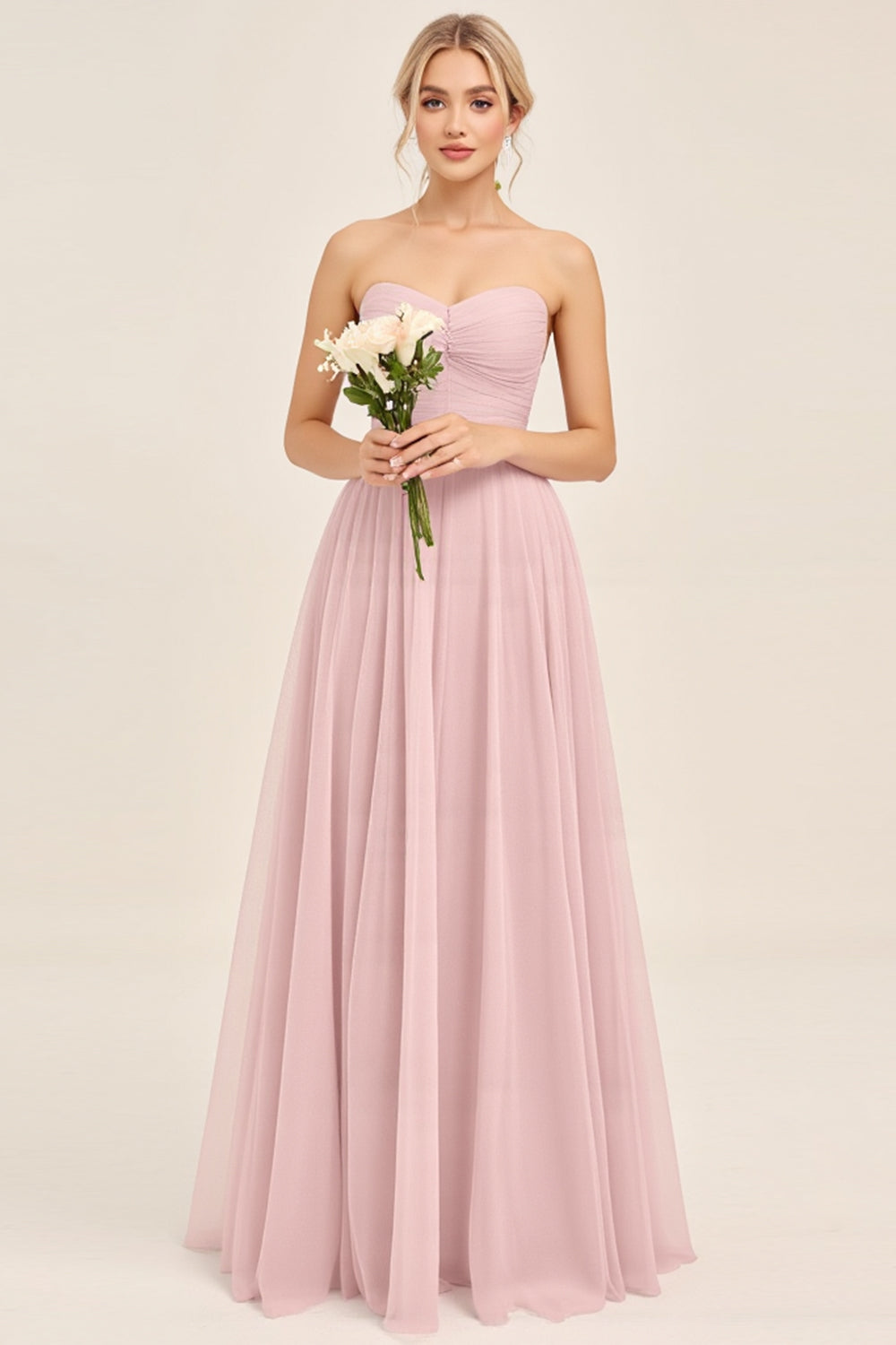 Leely Women Candy Pink A Line Maxi Bridesmaid Dress Sweetheart Strapless Pleated Ruched Wedding Guest Dress