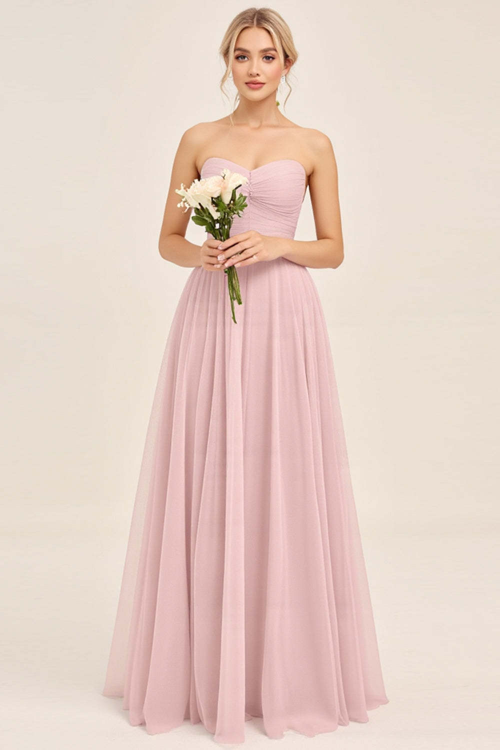 Leely Women Candy Pink A Line Maxi Bridesmaid Dress Sweetheart Strapless Pleated Ruched Wedding Guest Dress