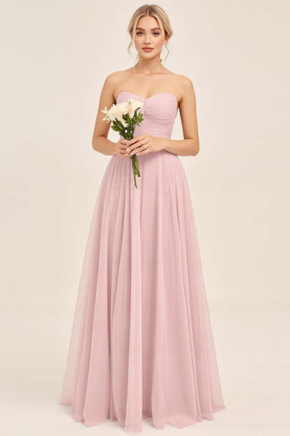 Leely Women Candy Pink A Line Maxi Bridesmaid Dress Sweetheart Strapless Pleated Ruched Wedding Guest Dress