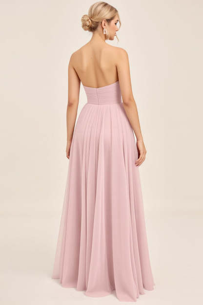 Candy Pink A Line Strapless Sweetheart Maxi Bridesmaid Dress