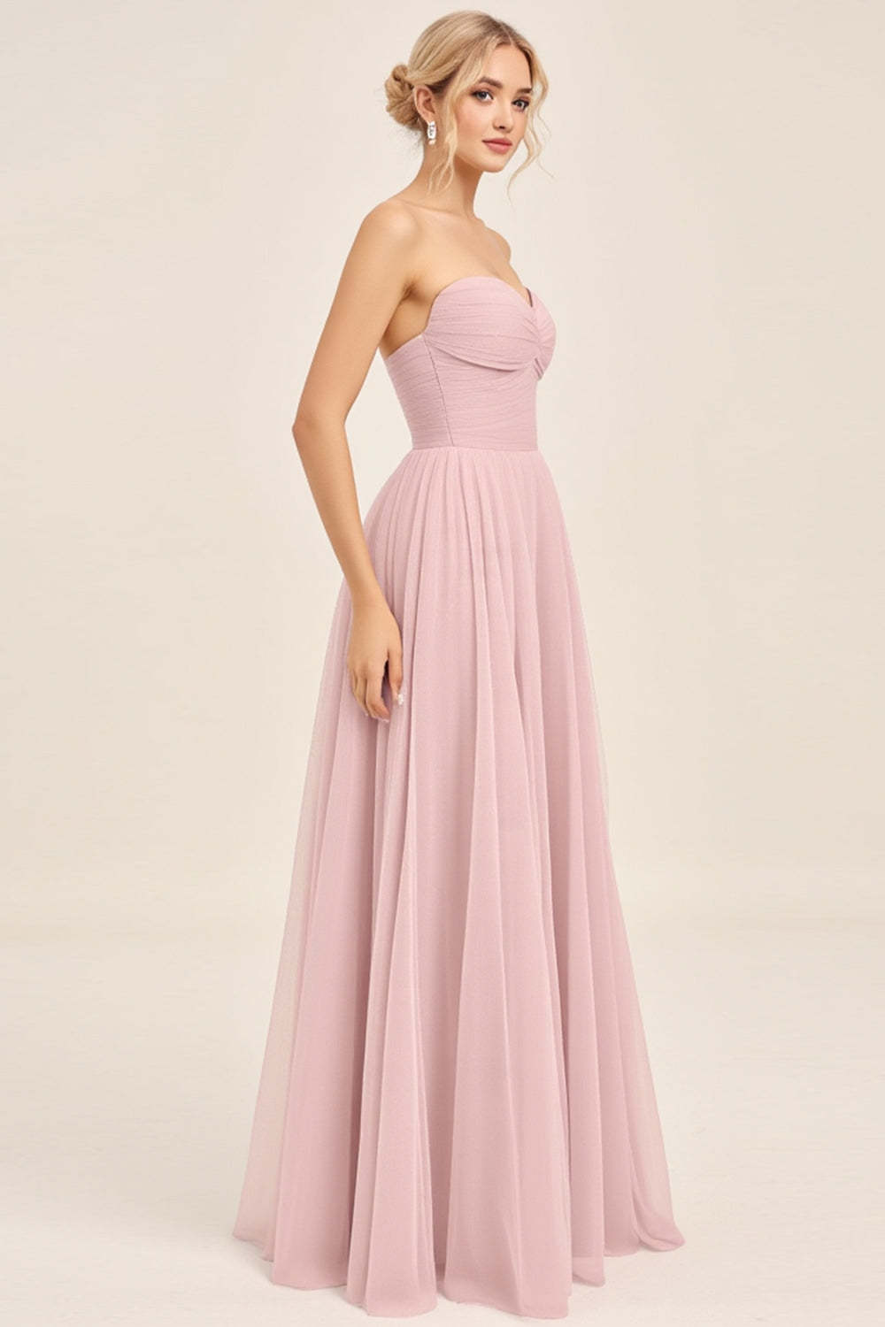 Candy Pink A Line Strapless Sweetheart Maxi Bridesmaid Dress