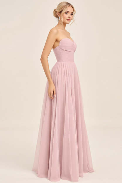 Candy Pink A Line Strapless Sweetheart Maxi Bridesmaid Dress