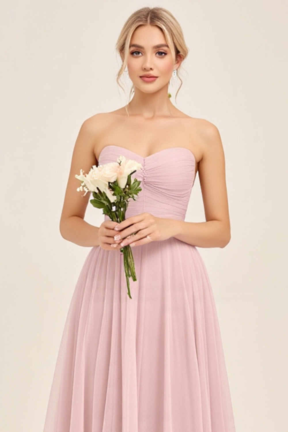 Candy Pink A Line Strapless Sweetheart Maxi Bridesmaid Dress
