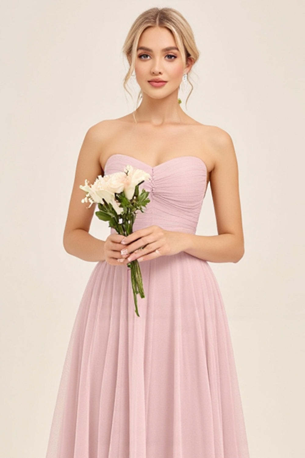 Candy Pink A Line Strapless Sweetheart Maxi Bridesmaid Dress