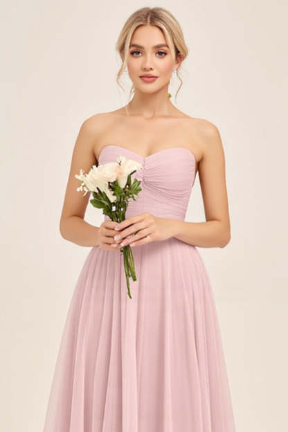 Candy Pink A Line Strapless Sweetheart Maxi Bridesmaid Dress