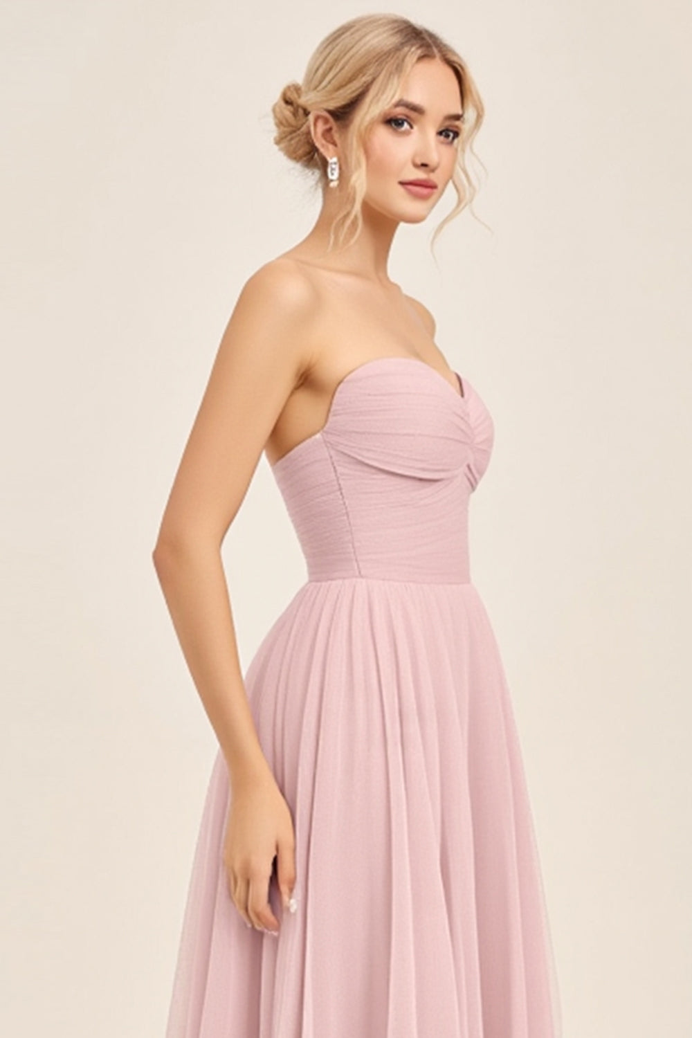 Candy Pink A Line Strapless Sweetheart Maxi Bridesmaid Dress
