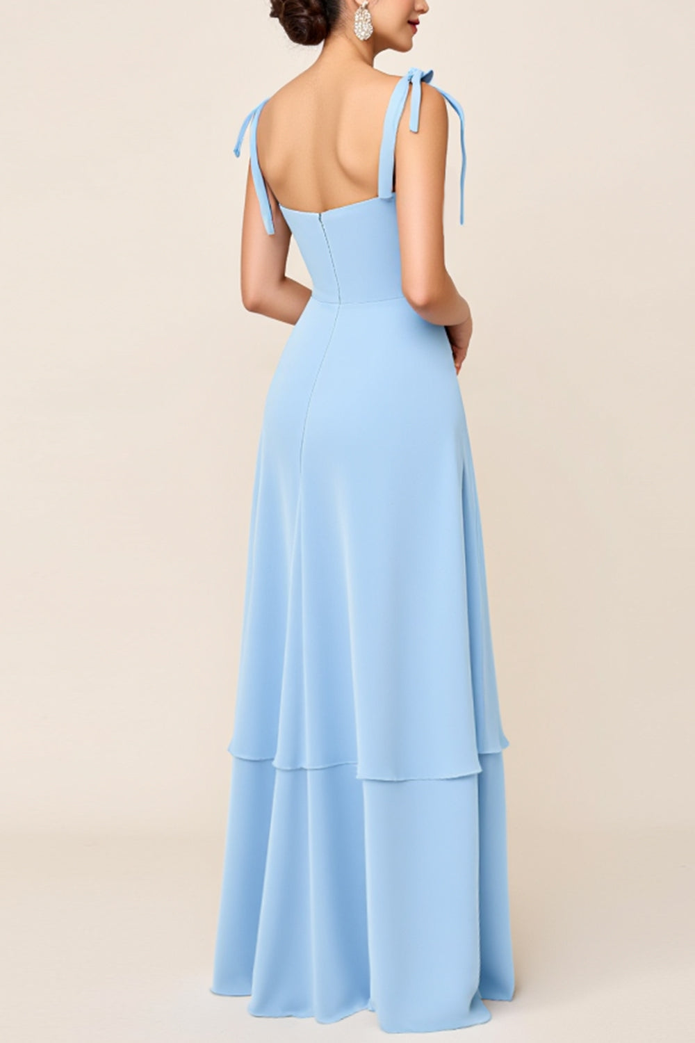 Sky Blue Square Neck Sheath Satin Maxi Bridesmaid Dress with Slit