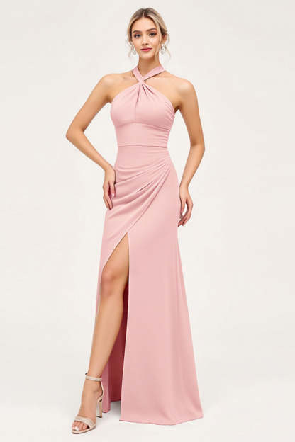 Leely Women Candy Pink Sheath Satin Maxi Bridesmaid Dress with Slit Halter Backless Wedding Guest Dress
