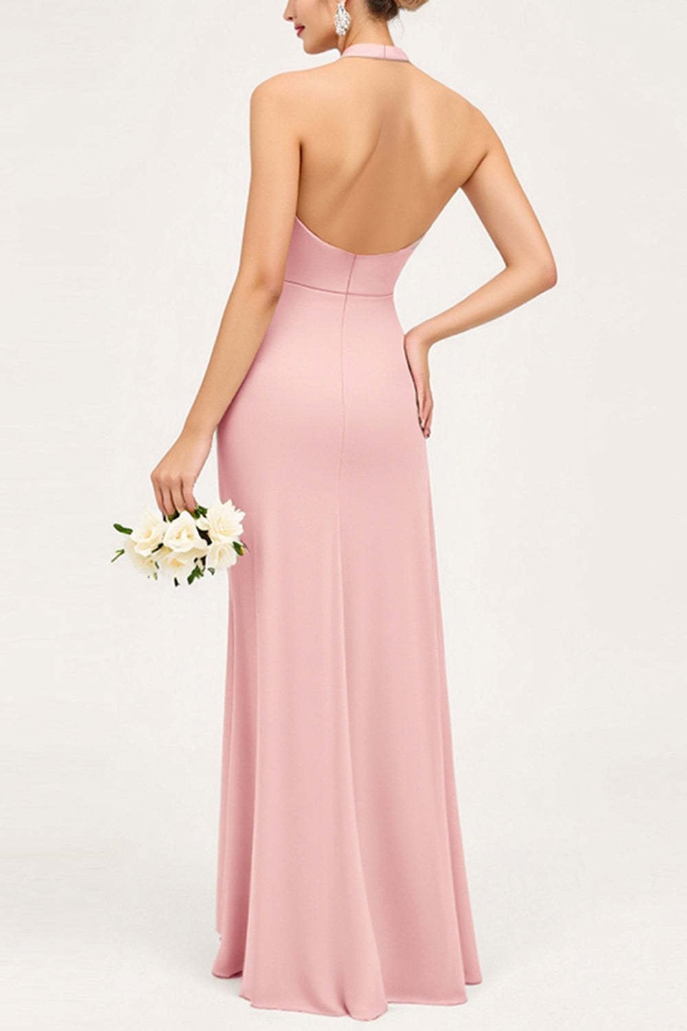 Candy Pink Halter Neck Sheath Maxi Bridesmaid Dress with Slit