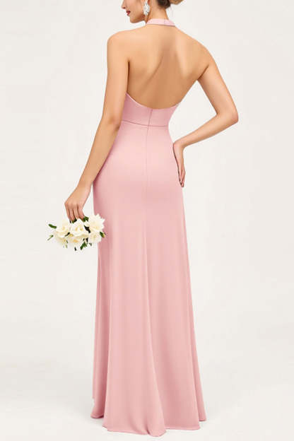 Candy Pink Halter Neck Sheath Maxi Bridesmaid Dress with Slit