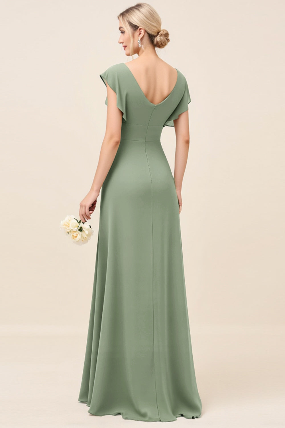 Eucalyptus Sheath V-Neck Maxi Bridesmaid Dress with Slit