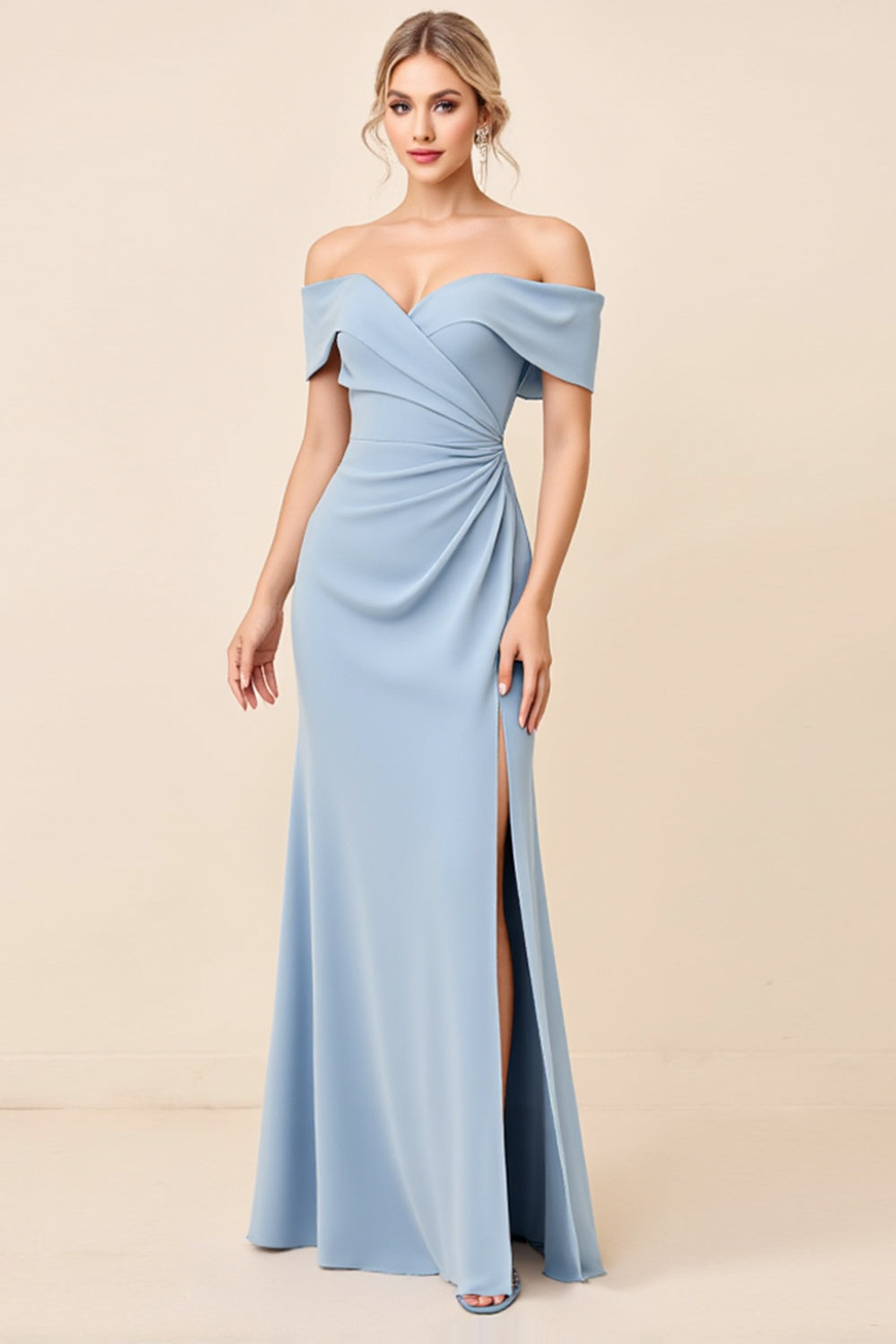 Sheath Dusty Blue Satin Off the Shoulder Maxi Bridesmaid Dress with Slit