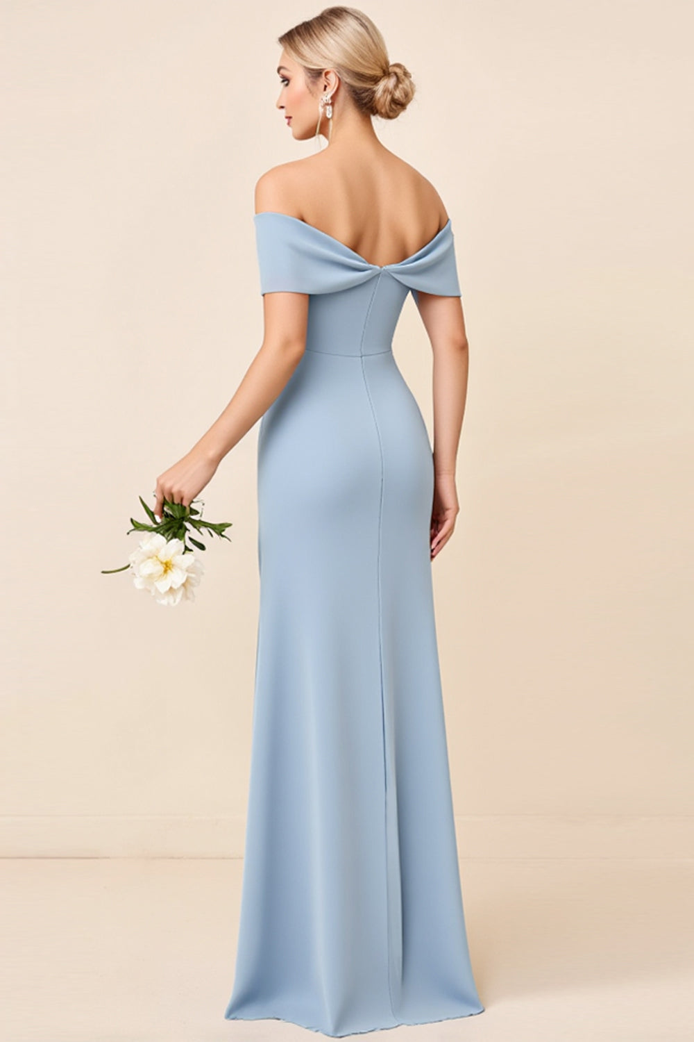 Sheath Dusty Blue Satin Off the Shoulder Maxi Bridesmaid Dress with Slit