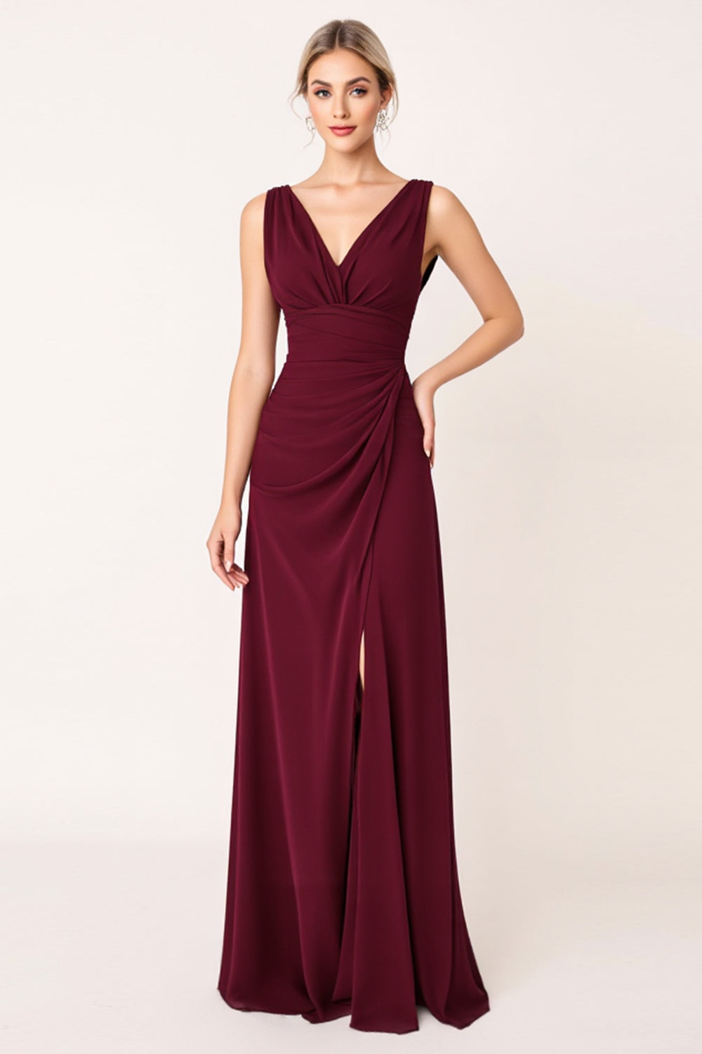 Elegant Burgundy Sheath Satin V-Neck Maxi Bridesmaid Dress with Slit