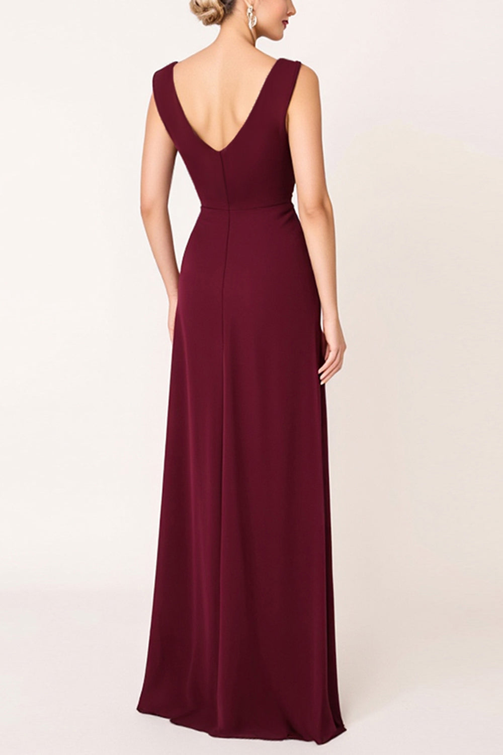 Elegant Burgundy Sheath Satin V-Neck Maxi Bridesmaid Dress with Slit