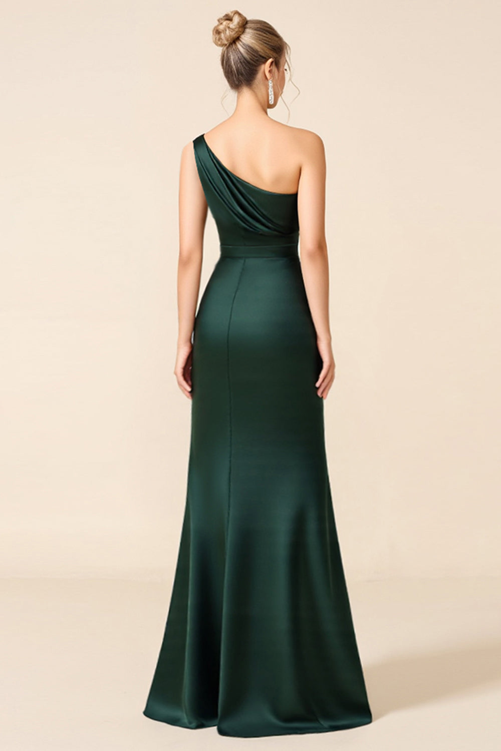Pine Sheath Satin One Shoulder Maxi Bridesmaid Dress with High Slit