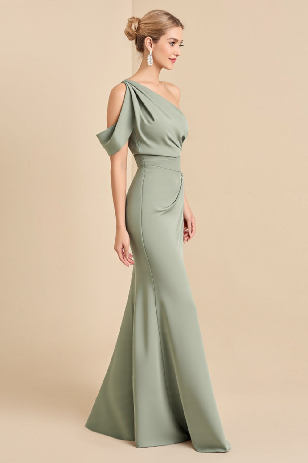Mermaid Satin Matcha One Shoulder Maxi Bridesmaid Dress