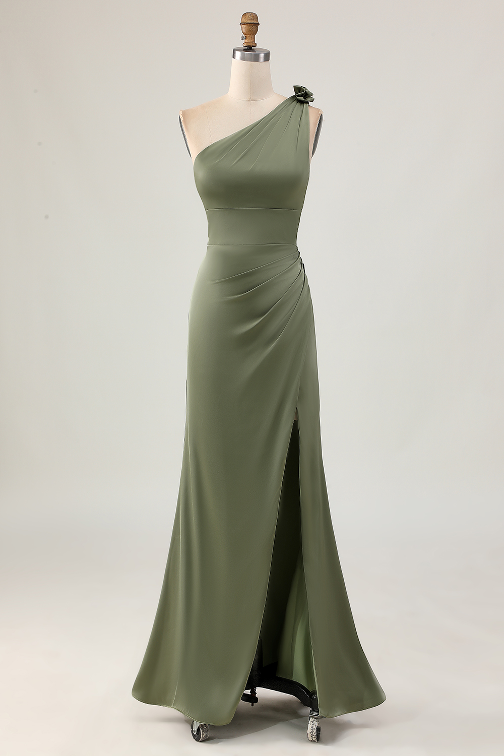 Olive Maxi Sheath Satin One Shoulder Bridesmaid Dress with Slit