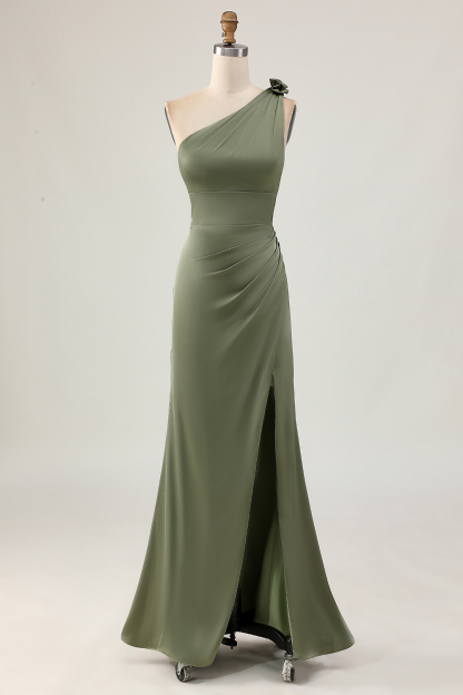Olive Maxi Sheath Satin One Shoulder Bridesmaid Dress with Slit