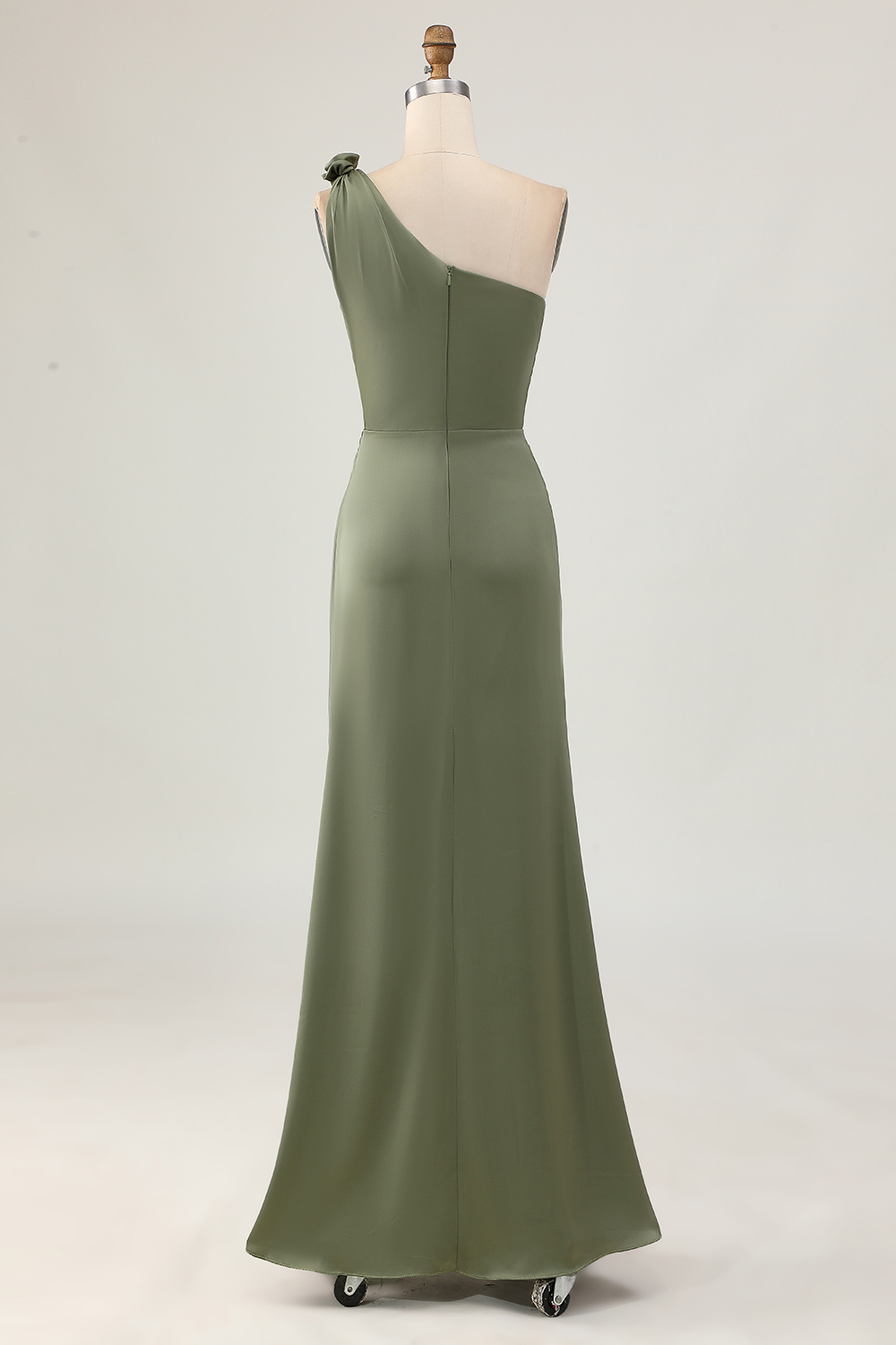 Olive Maxi Sheath Satin One Shoulder Bridesmaid Dress with Slit
