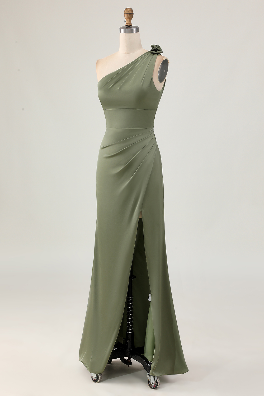 Olive Maxi Mermaid Ruched Satin One Shoulder Bridesmaid Dress with Slit