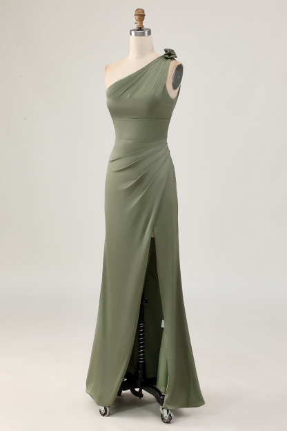 Olive Maxi Mermaid Ruched Satin One Shoulder Bridesmaid Dress with Slit
