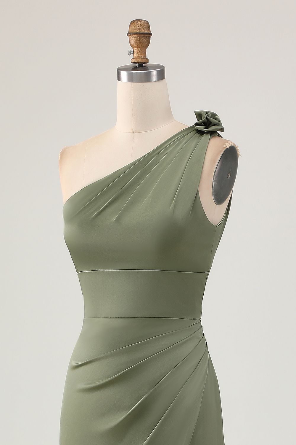 Olive Maxi Mermaid Ruched Satin One Shoulder Bridesmaid Dress with Slit