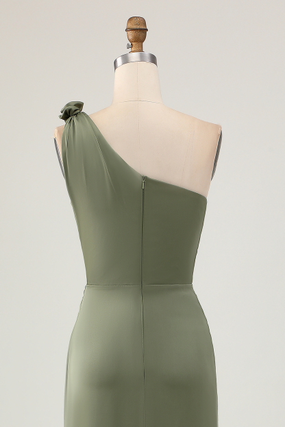Olive Maxi Sheath Satin One Shoulder Bridesmaid Dress with Slit