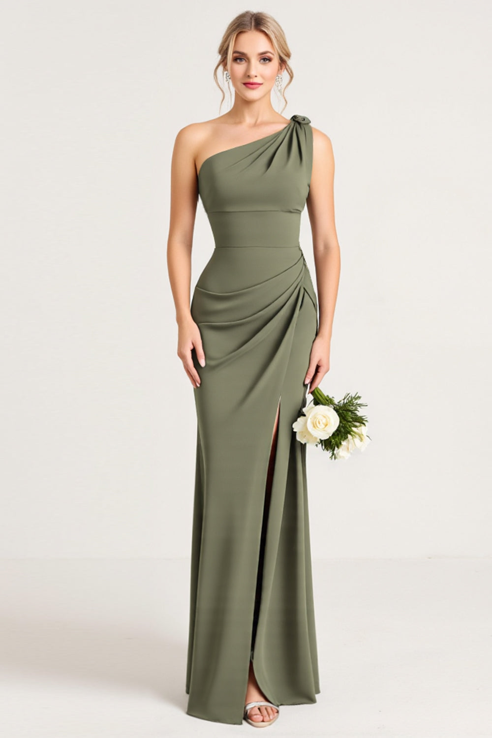 Leely Women Olive Sheath Satin Maxi Bridesmaid Dress with Slit One Shoulder Sleeveless Wedding Guest Dress