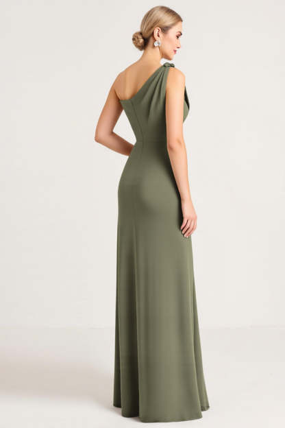 Olive Maxi Sheath Satin One Shoulder Bridesmaid Dress with Slit